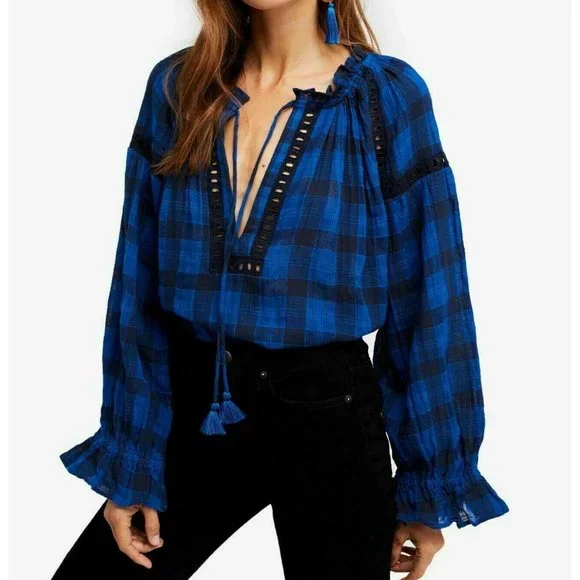 FREE PEOPLE Womens Size XS Honey Grove Blue Black Eyelet Ruffle Sleeve Plaid Top - Picture 1 of 9